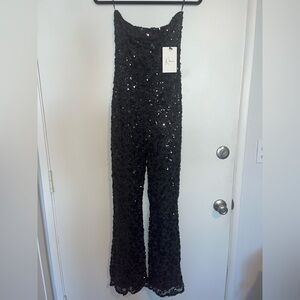 Black Sequin Strapless Jumpsuit
